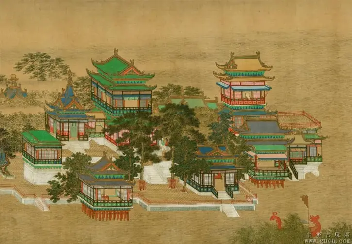 Pintura tradicional china que representa un complejo arquitectónico clásico con techos verdes y detalles coloridos. La obra destaca por su minucioso diseño y su representación de la vida imperial. Perfecta para quienes aprecian el arte oriental y la historia cultural. Ideal para decorar espacios y añadir un toque de elegancia y tradición inspirada en la antigua China.