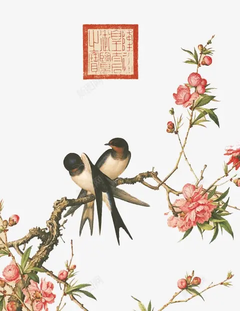 Pintura tradicional china con dos golondrinas posadas en una rama florecida de durazno, simbolizando amor y primavera. Destaca por su delicado trazo, colores vivos y sello artístico en rojo. Ideal para amantes del arte oriental que buscan decorar espacios con belleza natural y significado cultural. Una obra que combina tradición, naturaleza y elegancia atemporal.