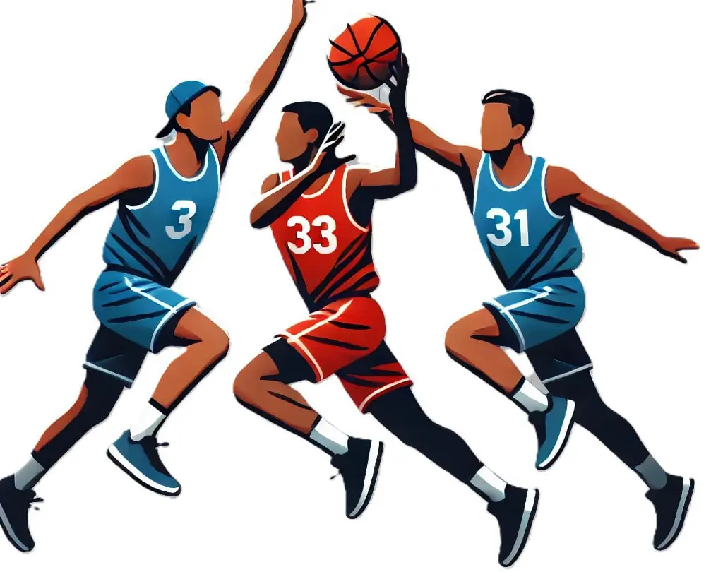 La ilustración muestra tres jugadores de baloncesto en una escena minimalista y vectorial. El jugador central viste un uniforme rojo con el número 33 y está saltando para alcanzar el balón, mientras que los dos jugadores a cada lado, en uniformes azules con los números 3 y 31, intentan bloquearlo o competir por la pelota. La imagen tiene una línea blanca en la parte inferior que representa el semicírculo de la zona de tiro en la cancha, dando contexto de juego sin recargar la composición. Los rostros carecen de detalles, siguiendo un estilo limpio y moderno, con fondo transparente para resaltar la acción y mantener un diseño depurado.