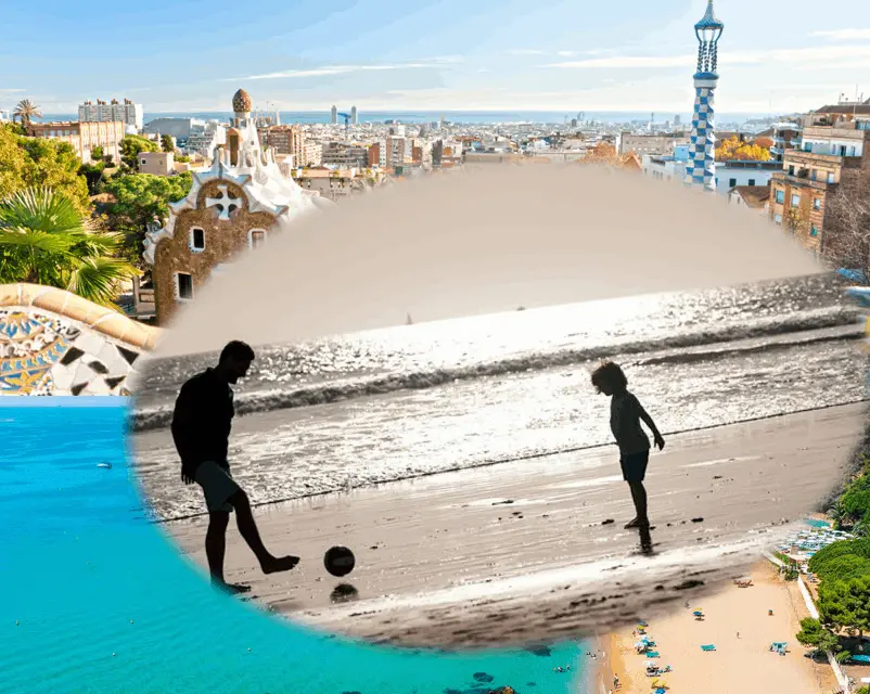 Esta imagen combina dos escenarios emblemáticos: una vista panorámica de la ciudad de Barcelona, destacando la arquitectura del Parc Güell con sus formas únicas y coloridas, y una escena en la playa donde un adulto y un niño juegan fútbol junto al mar al atardecer. El contraste entre ciudad y costa refleja la riqueza cultural y natural de Barcelona.