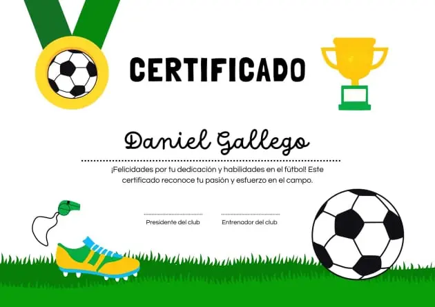 Certificado de participación en torneo de fútbol, diseñado con elementos deportivos como un balón, una medalla y un trofeo. Ideal para reconocer habilidades y esfuerzo en eventos deportivos. Incluye espacio para nombres y firmas. Diseño limpio, moderno y personalizable, perfecto para clubes deportivos y academias. Descubre cómo premiar a los participantes de forma profesional y creativa.