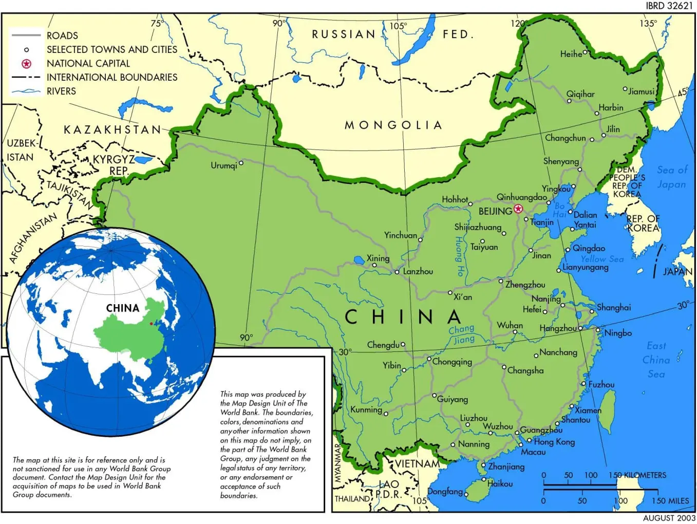 Este mapa de China proporciona una vista detallada del país, destacando las ciudades principales, las fronteras internacionales, y los ríos. En el mapa se incluyen capitales nacionales como Beijing, importantes ciudades como Shanghái, Guangzhou y Xi'an, así como las fronteras con países vecinos como Mongolia, Rusia, Kazajistán, India y otros. Además, se muestran ríos importantes como el río Yangtsé y el río Amarillo. Ideal para entender la geografía de China, sus límites y distribución urbana. Creado por la Unidad de Diseño de Mapas del Banco Mundial, este mapa ofrece una representación clara y precisa del contexto geopolítico de China.