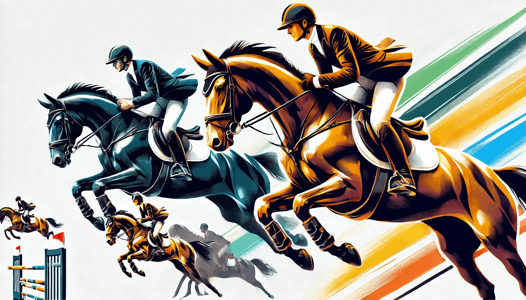 Ilustración vibrante en estilo 2D de equitación profesional. La imagen muestra dos jinetes en acción montando caballos, uno de color negro y otro marrón, en pleno salto dinámico. Los detalles resaltan la energía del deporte ecuestre, con líneas de colores vivos que realzan el movimiento. El fondo blanco aporta claridad y enfoque a los protagonistas, ideal para contenido relacionado con deportes ecuestres, diseño gráfico o arte visual.