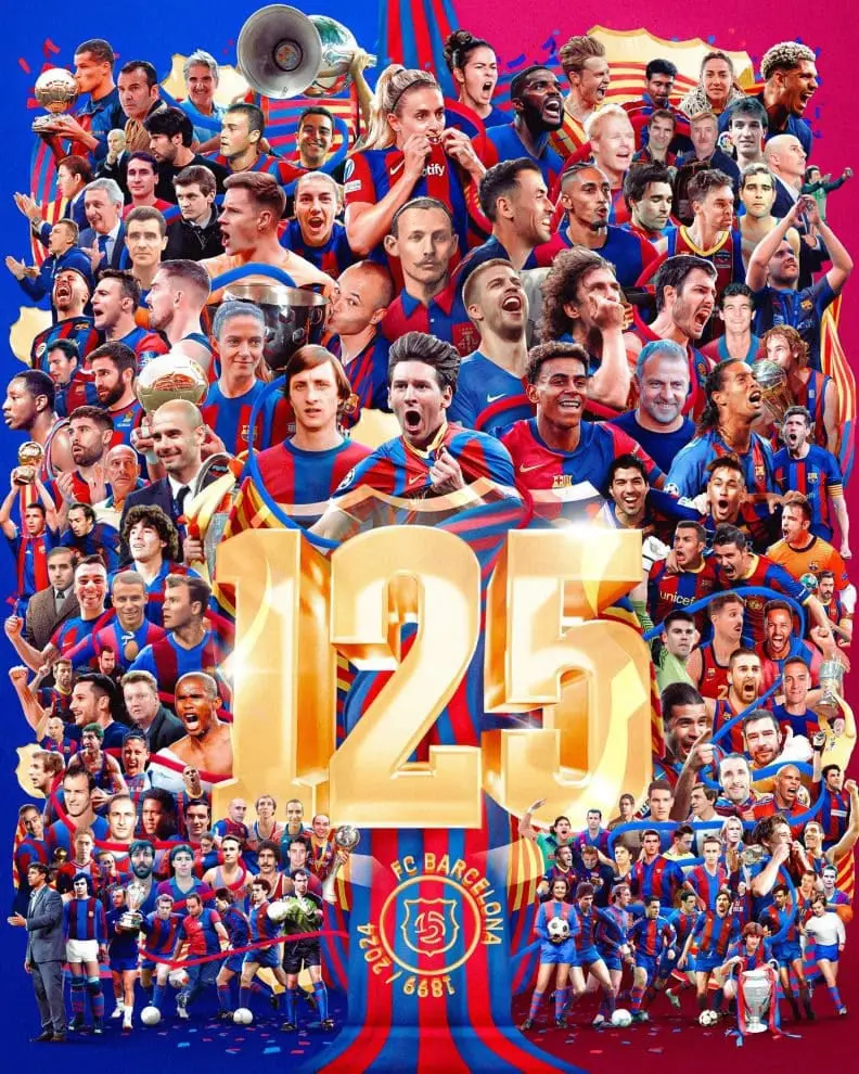 Celebración del 125 aniversario del FC Barcelona, con un collage de jugadores icónicos y momentos históricos. La imagen destaca la grandeza del club, su legado en el fútbol mundial y su impacto cultural. Ideal para contenidos sobre la historia del Barça, sus logros, figuras legendarias y la pasión de su afición. Un homenaje visual al espíritu blaugrana.