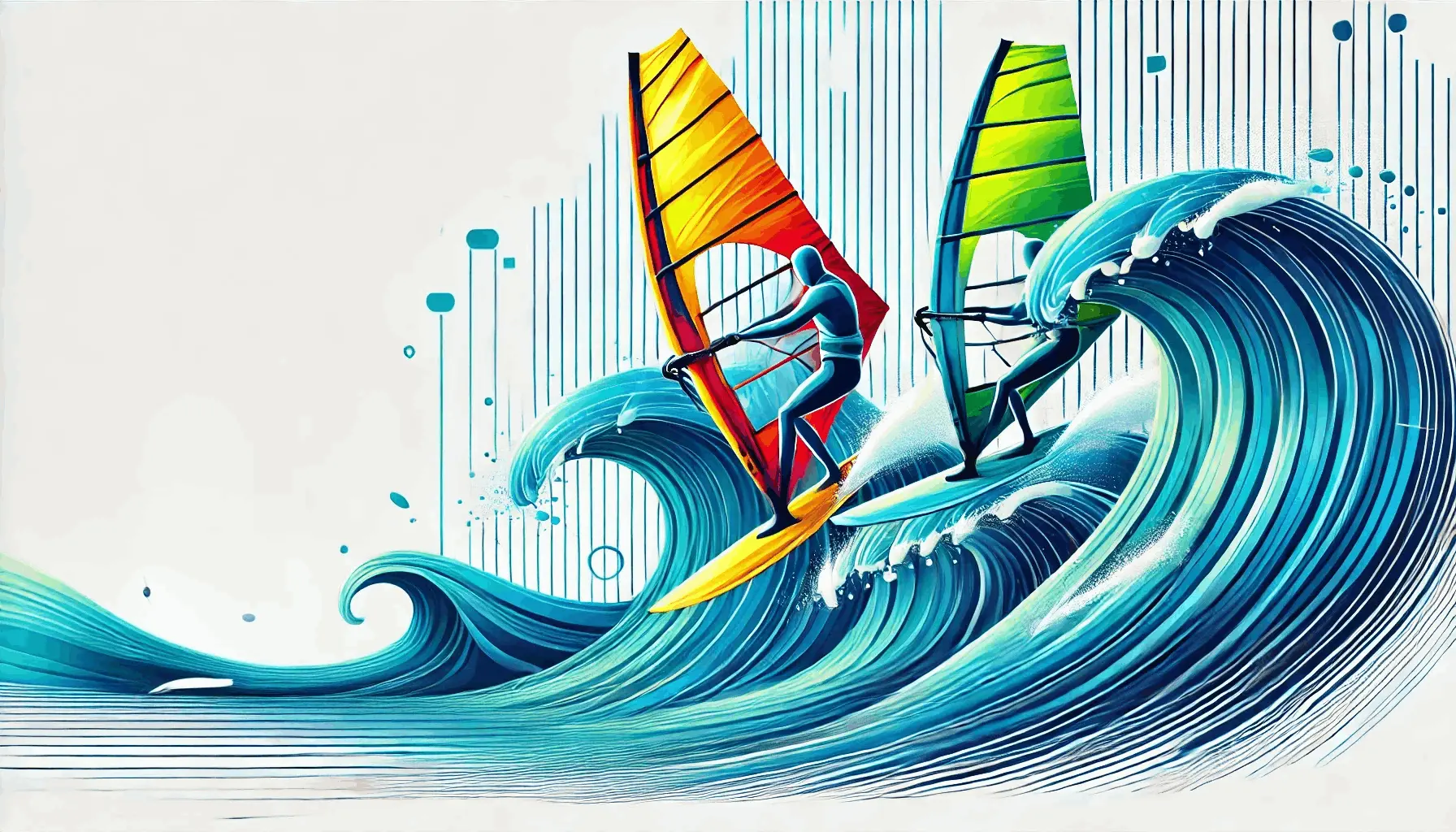 Ilustración en estilo 2D vibrante y colorido de windsurf. La imagen presenta dos deportistas montando sus tablas de windsurf con velas brillantes y contrastantes, una en tonos amarillos y rojos, y otra en verdes y azules. Ambos están surfeando sobre olas dinámicas y estilizadas en tonos azul profundo, con un fondo blanco que realza la acción y el diseño gráfico. Ideal para contenido relacionado con deportes acuáticos, windsurf, diseño creativo, y proyectos visuales de alta energía.