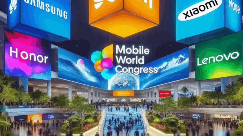 La imagen muestra el vibrante escenario del Mobile World Congress, un evento tecnológico de gran relevancia mundial. En el centro, el logo oficial destaca junto a marcas líderes como Samsung, Xiaomi, Lenovo y Honor. Rodeado de pantallas coloridas y una multitud, el ambiente refleja innovación, tecnología de vanguardia y un punto de encuentro global para las principales empresas del sector móvil.