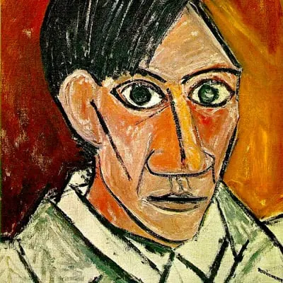 La imagen muestra una pintura que parece ser un retrato de Pablo Picasso, hecho en su estilo característico de la época del cubismo. La obra presenta un retrato con rasgos exagerados y angulares, utilizando colores intensos y contrastantes.  El retrato muestra a un hombre con cabello oscuro y ojos grandes y expresivos. Su rostro está compuesto por formas geométricas y líneas marcadas, destacando los pómulos, la nariz y la mandíbula. La piel tiene tonos anaranjados y rojos, lo que añade profundidad y dimensión al retrato. El fondo de la pintura es de un color naranja cálido, que complementa los tonos del rostro.  El hombre lleva una camisa blanca con detalles en negro, y la técnica de pinceladas visibles y gruesas es evidente, añadiendo textura y dinamismo a la obra. El uso del color y la forma en esta pintura es típico del estilo de Picasso, donde se mezclan la abstracción y la representación de una manera innovadora y distintiva.  En conjunto, la pintura es un excelente ejemplo del estilo de Pablo Picasso, mostrando su habilidad para transformar un retrato tradicional en una obra de arte moderna y expresiva a través del cubismo.